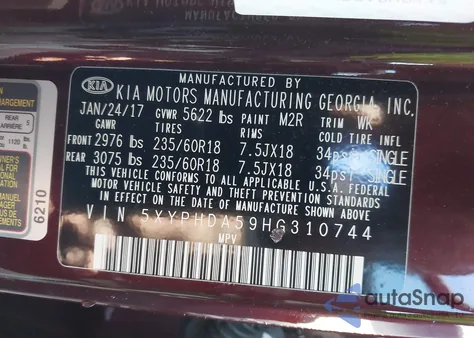 2017 Kia Sorento 3.3L Ex из США, поврежденный, VIN 5XYPHDA59HG310744